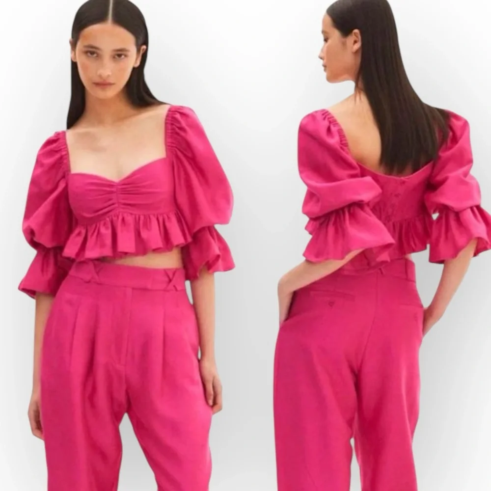 Alemais Pink Ruffle Blouse Cropped Half‎ Sleeve Size 2 Silk Cotton New Fuchsia